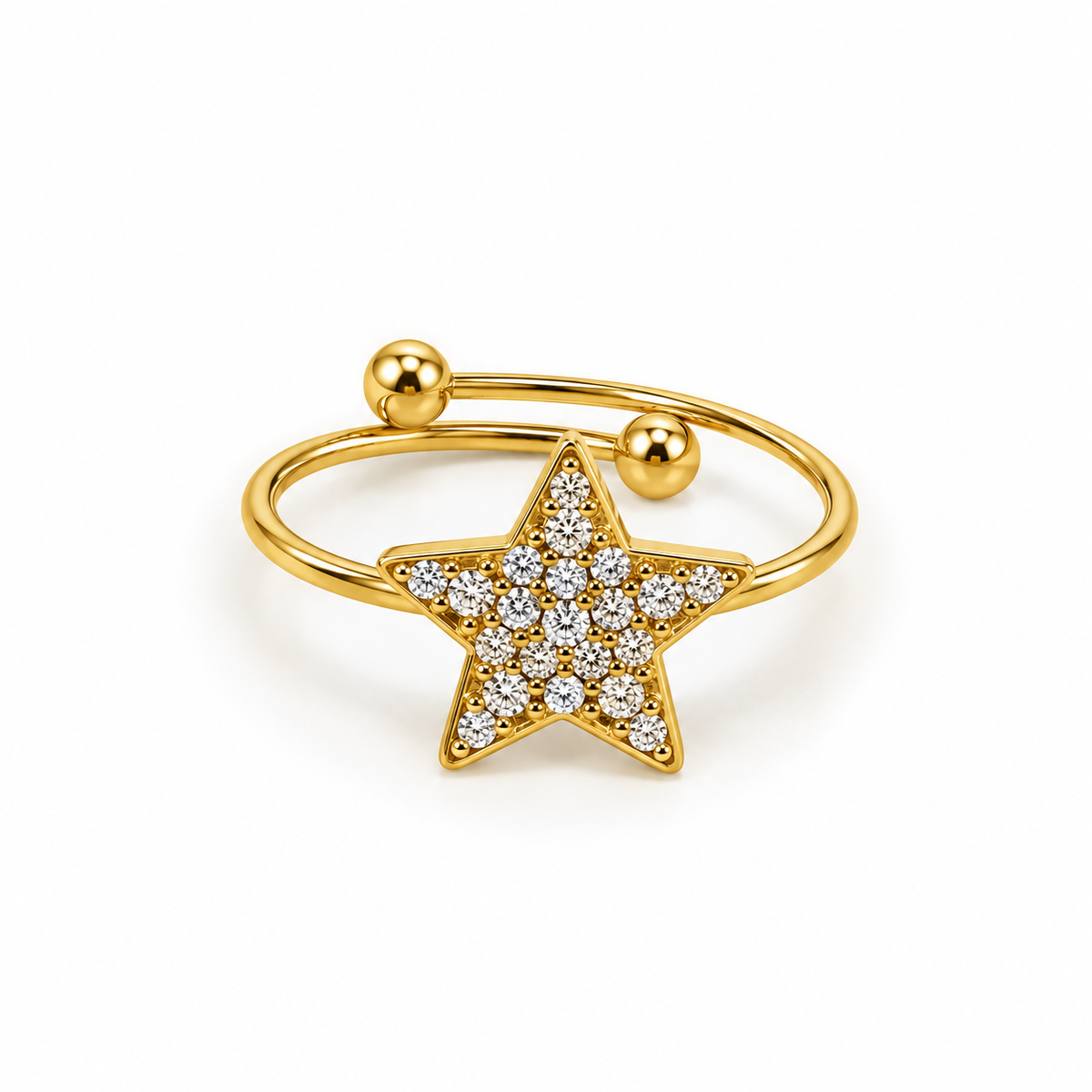 Anello in Acciaio Dorato con Stella e Zirconi Bianchi