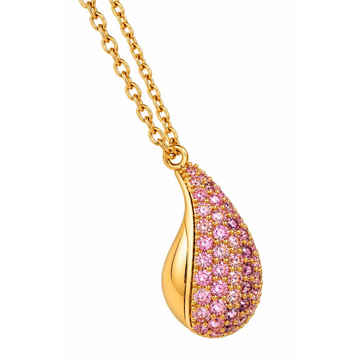 Collana in Acciaio Dorato con Ciondolo a Goccia e Zirconi Rosa