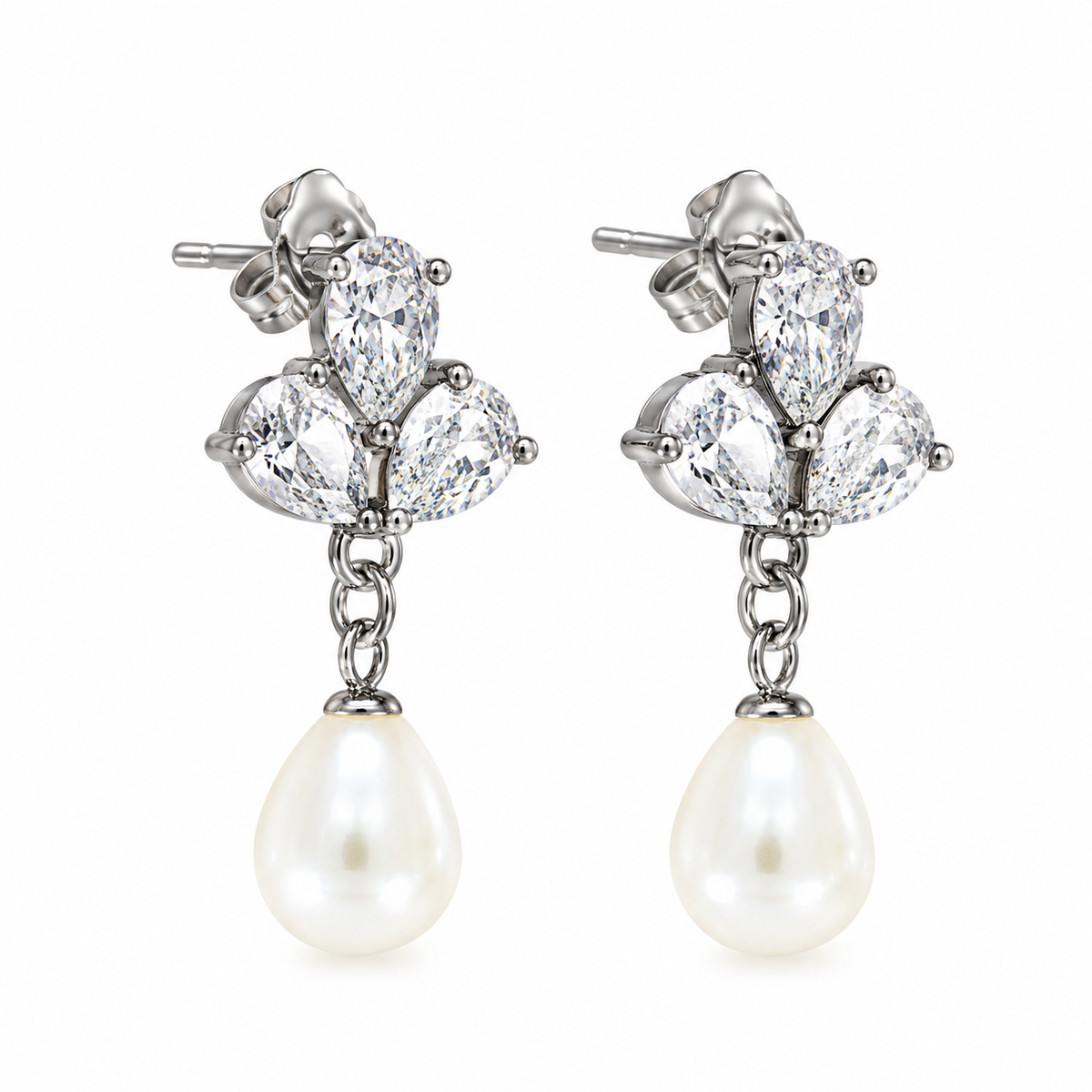 Orecchini in Acciaio Argentato con Zirconi a Goccia e Perle