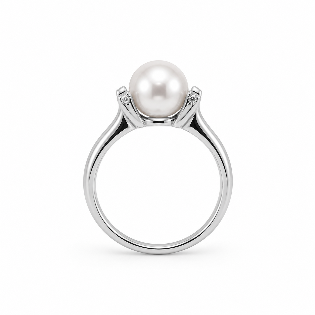 Anello in Oro Bianco 9KT con Perla e Zirconi Bianchi