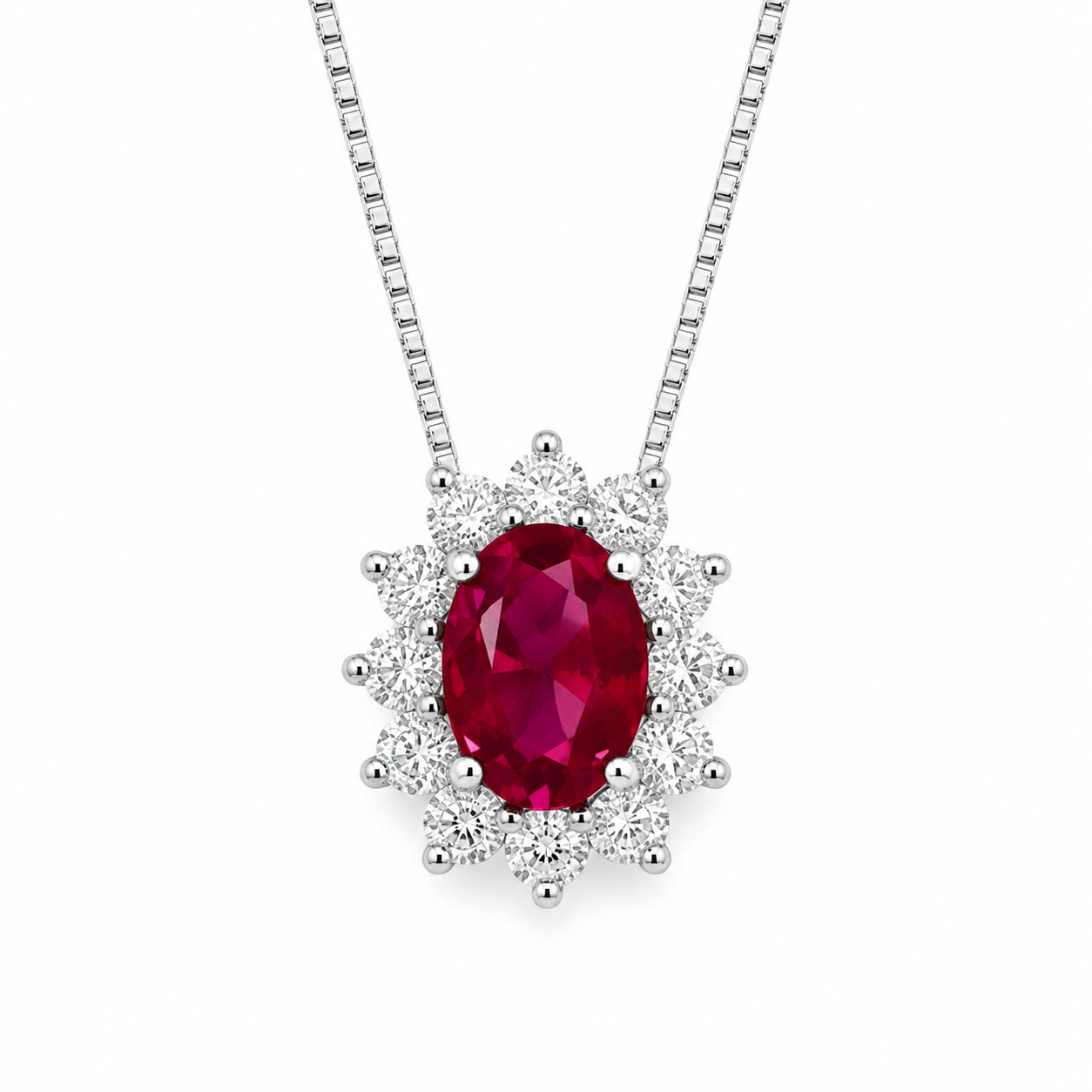 Collana in Oro Bianco 9K con Pietra Zircone Rosso Ovale e Zirconi