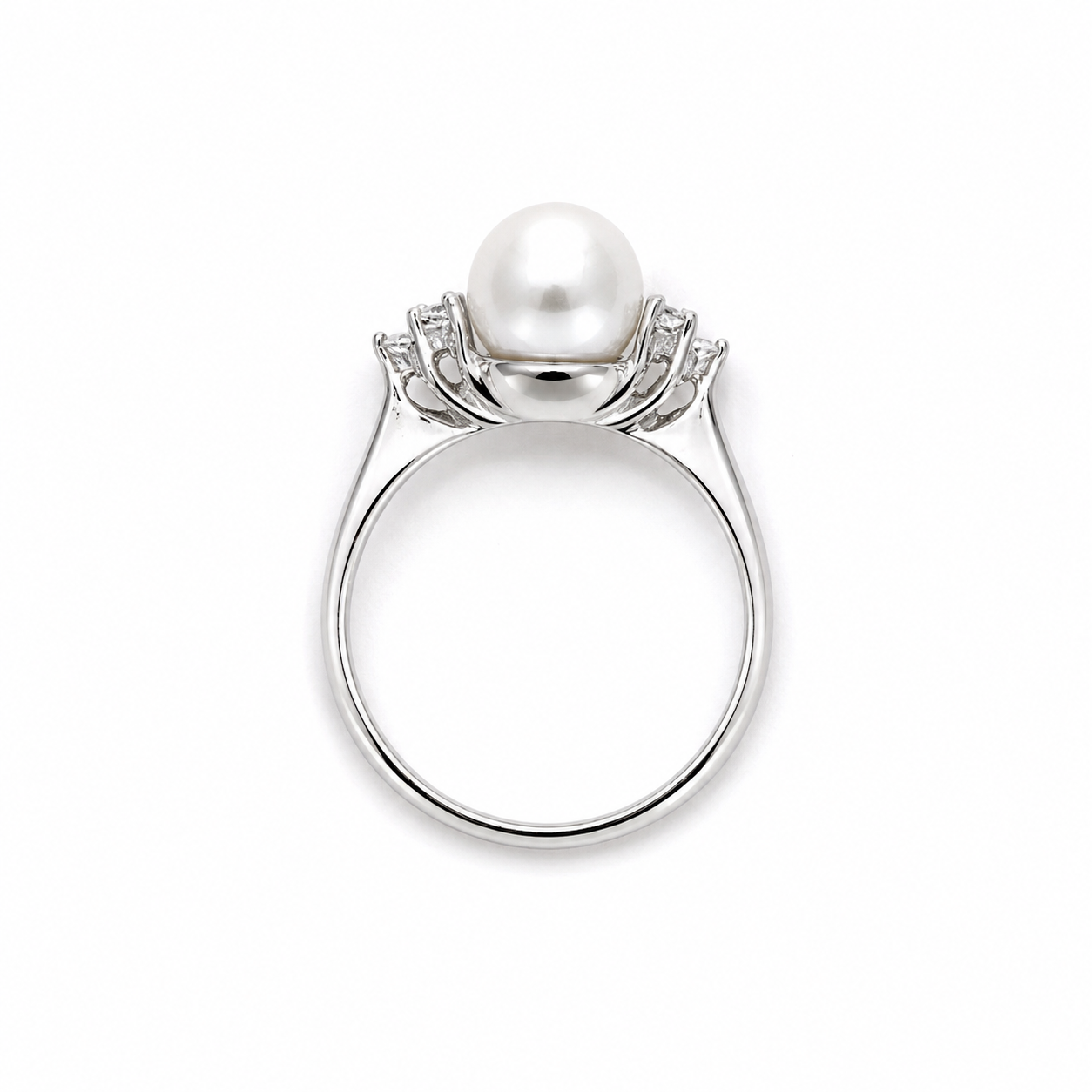 Anello in Oro Bianco 9kt con Perla e Zirconi Bianchi