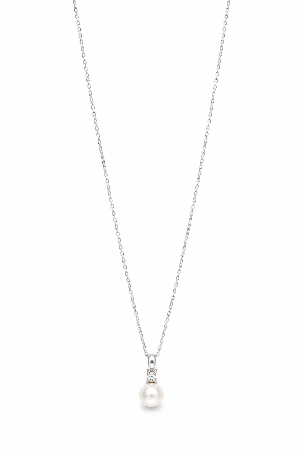 Collana in Oro Bianco con Pendente a Perla e Punto Luce Zircone