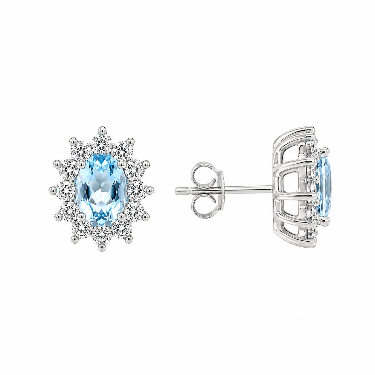 Orecchini in Oro Bianco con Zircone Azzurro e Zirconi Bianchi