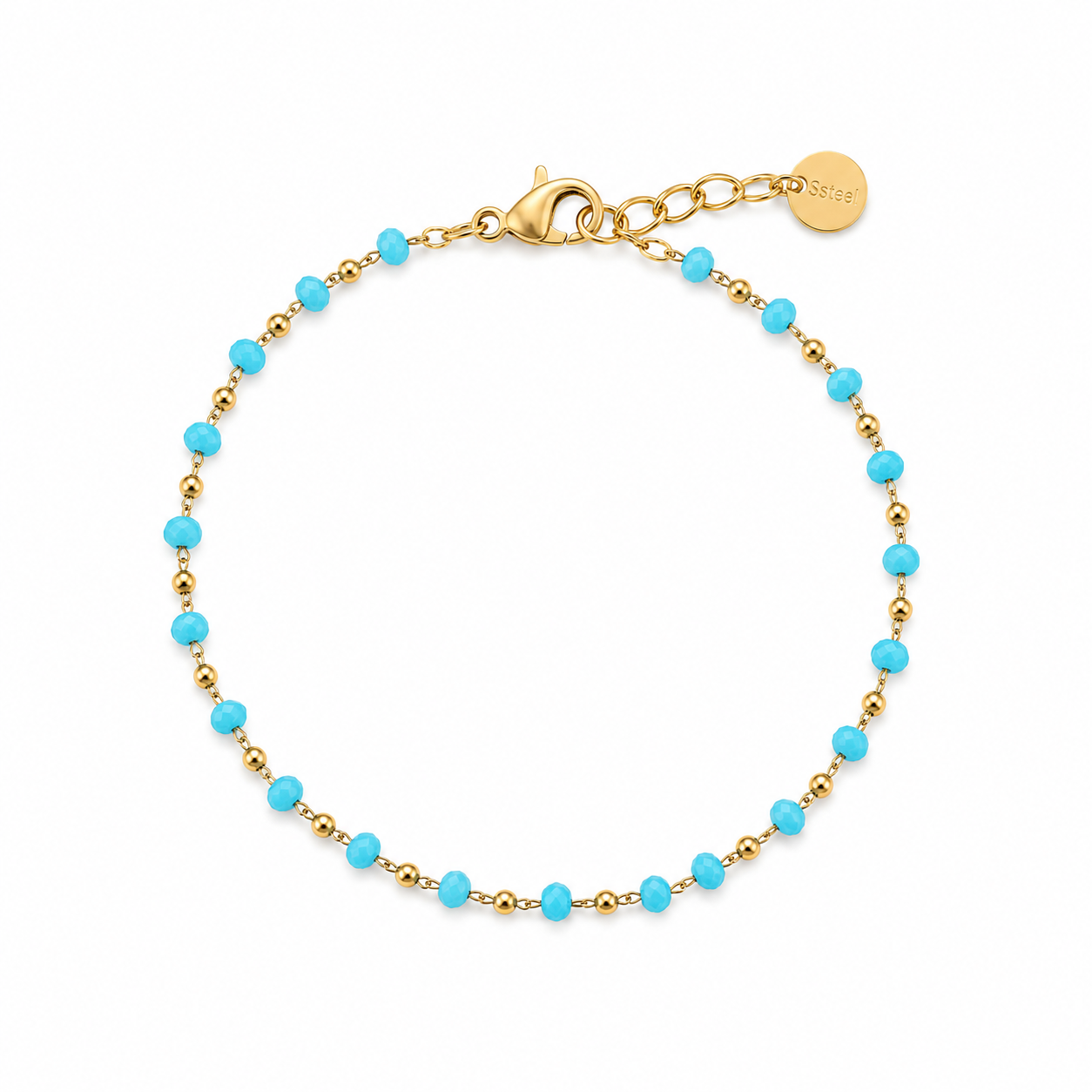 Bracciale con Perline Azzurre in Acciaio Dorato