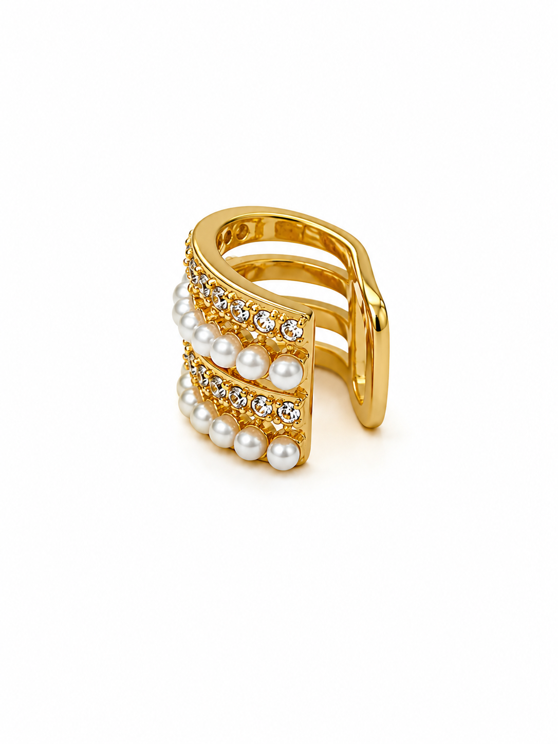 Ear Cuff in Acciaio Dorato con Perle Sintetiche e Zirconi