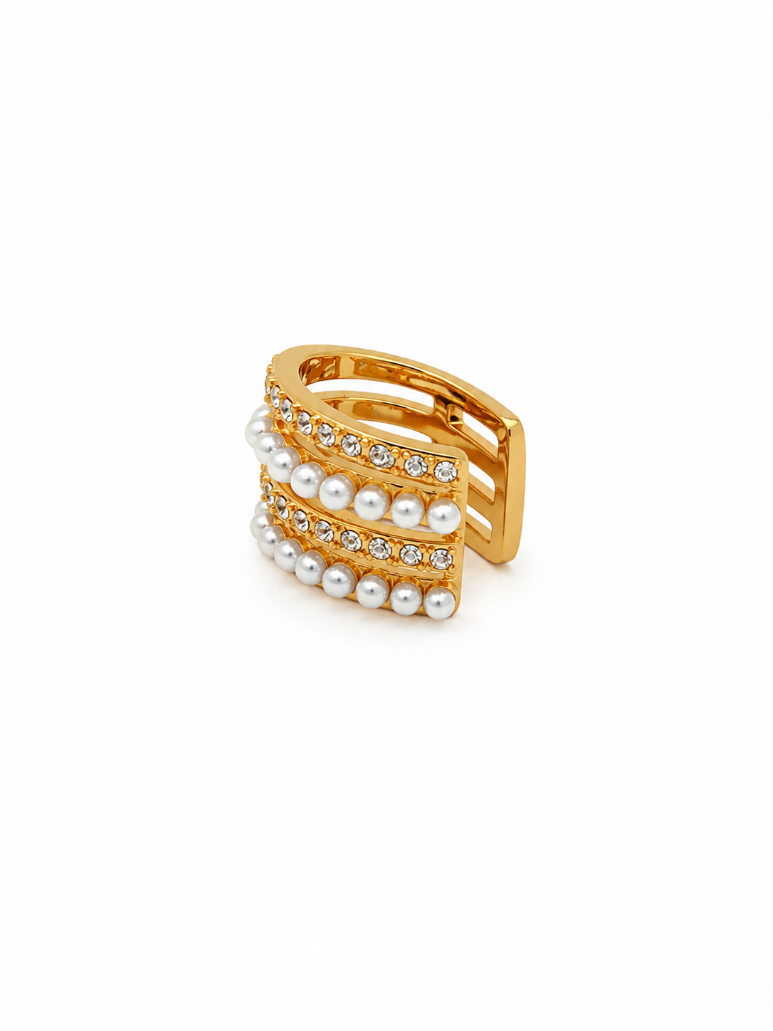 Ear Cuff in Acciaio Dorato con Perle Sintetiche e Zirconi