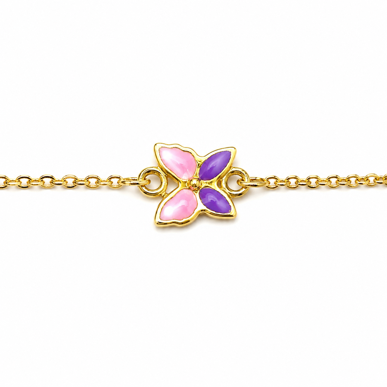 Bracciale in Oro Giallo con Farfalla in Smalto Rosa e Viola
