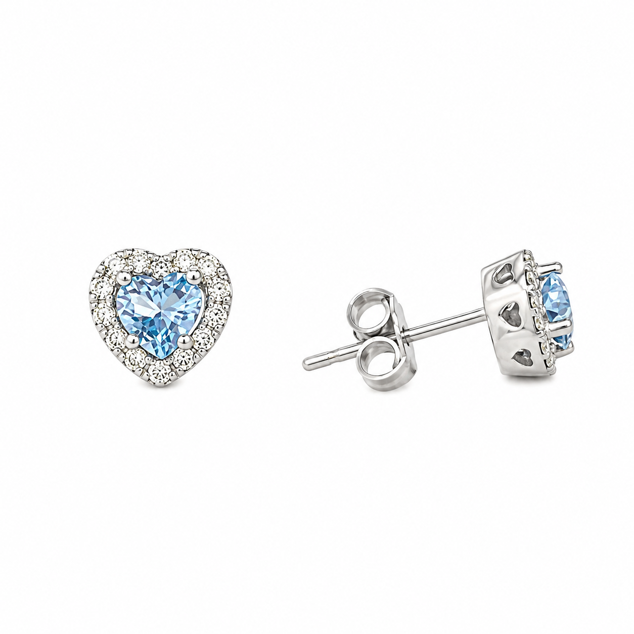Orecchini Cuore in Oro Bianco con Cristalli Azzurri e Bianchi