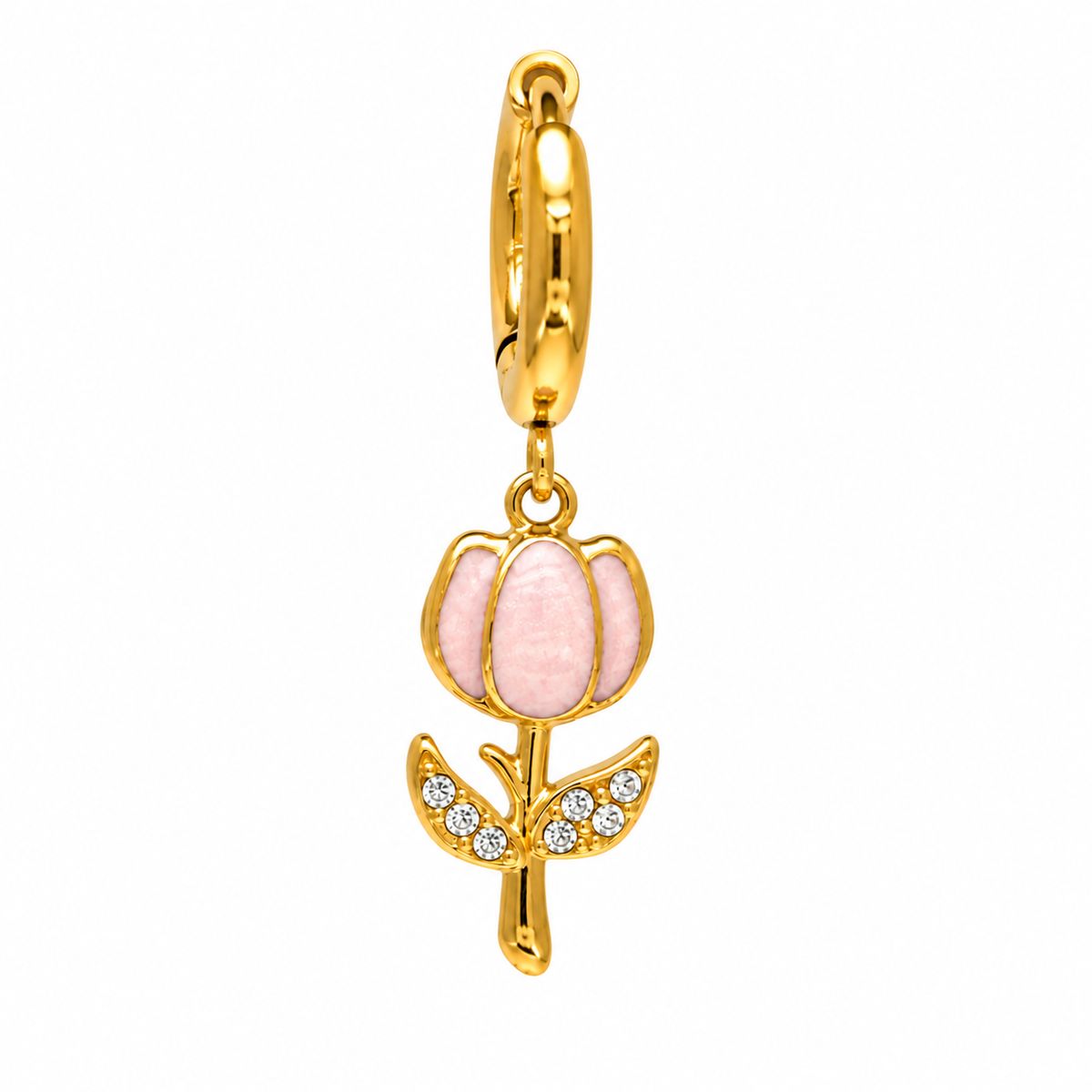 Orecchino in Acciaio con Tulipano Rosa e Pietre