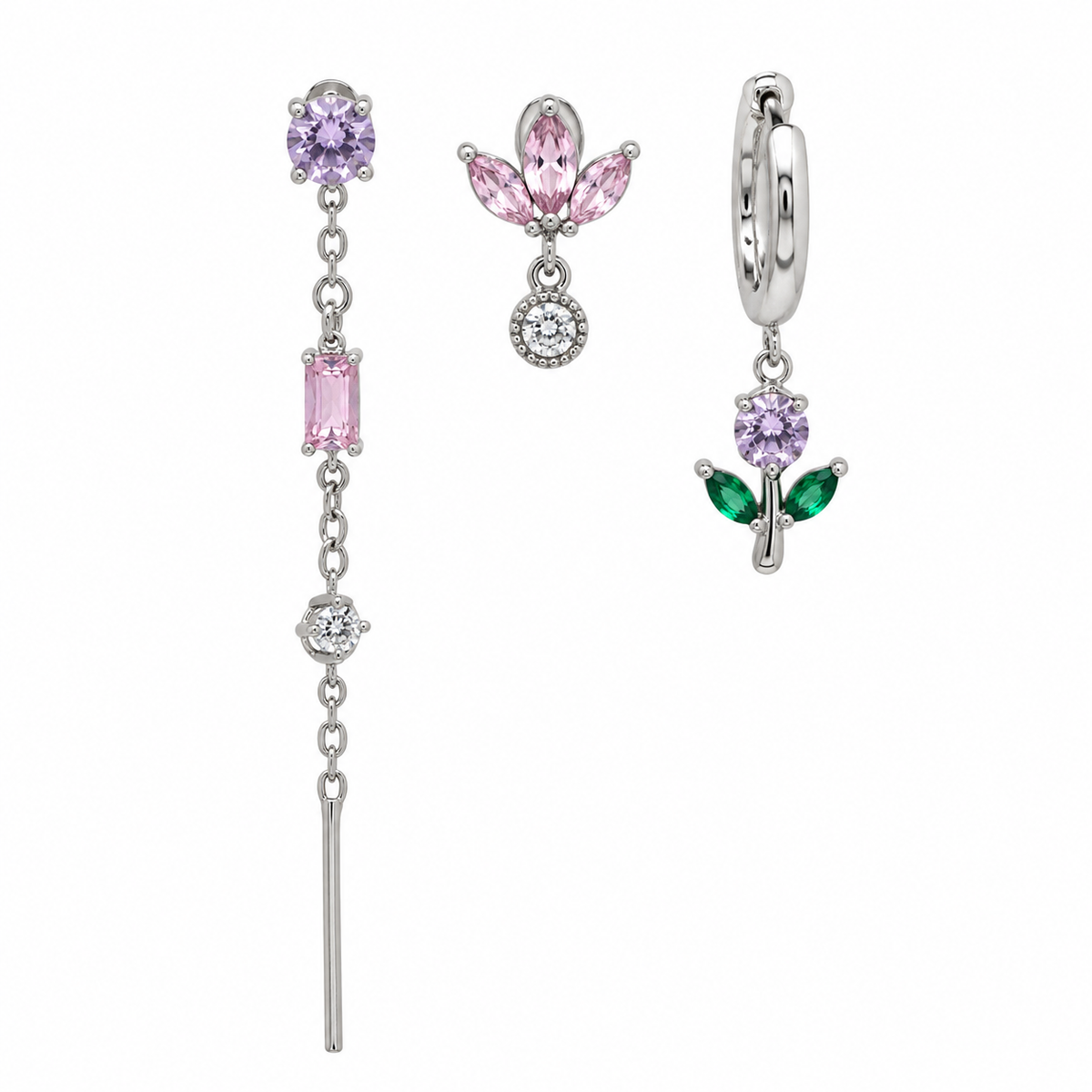 Set di Orecchini in Acciaio con Fiori e Pietre Colorate