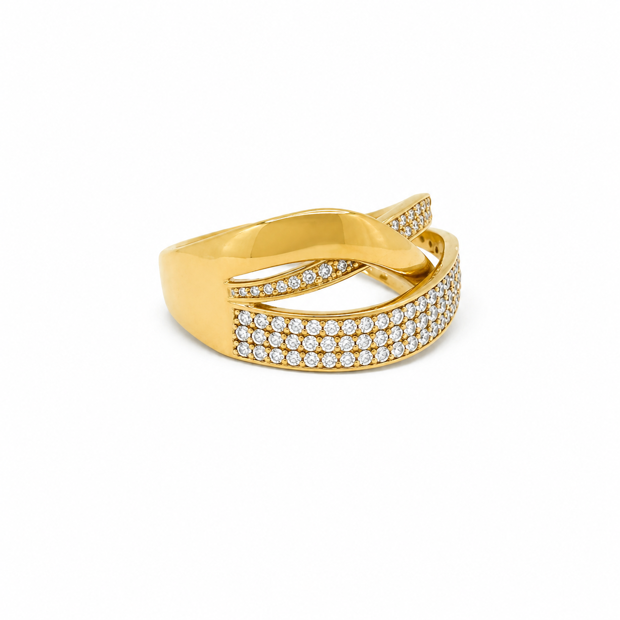 Anello Fascia Incrociata in Oro Giallo 9kt con Zirconi Bianchi