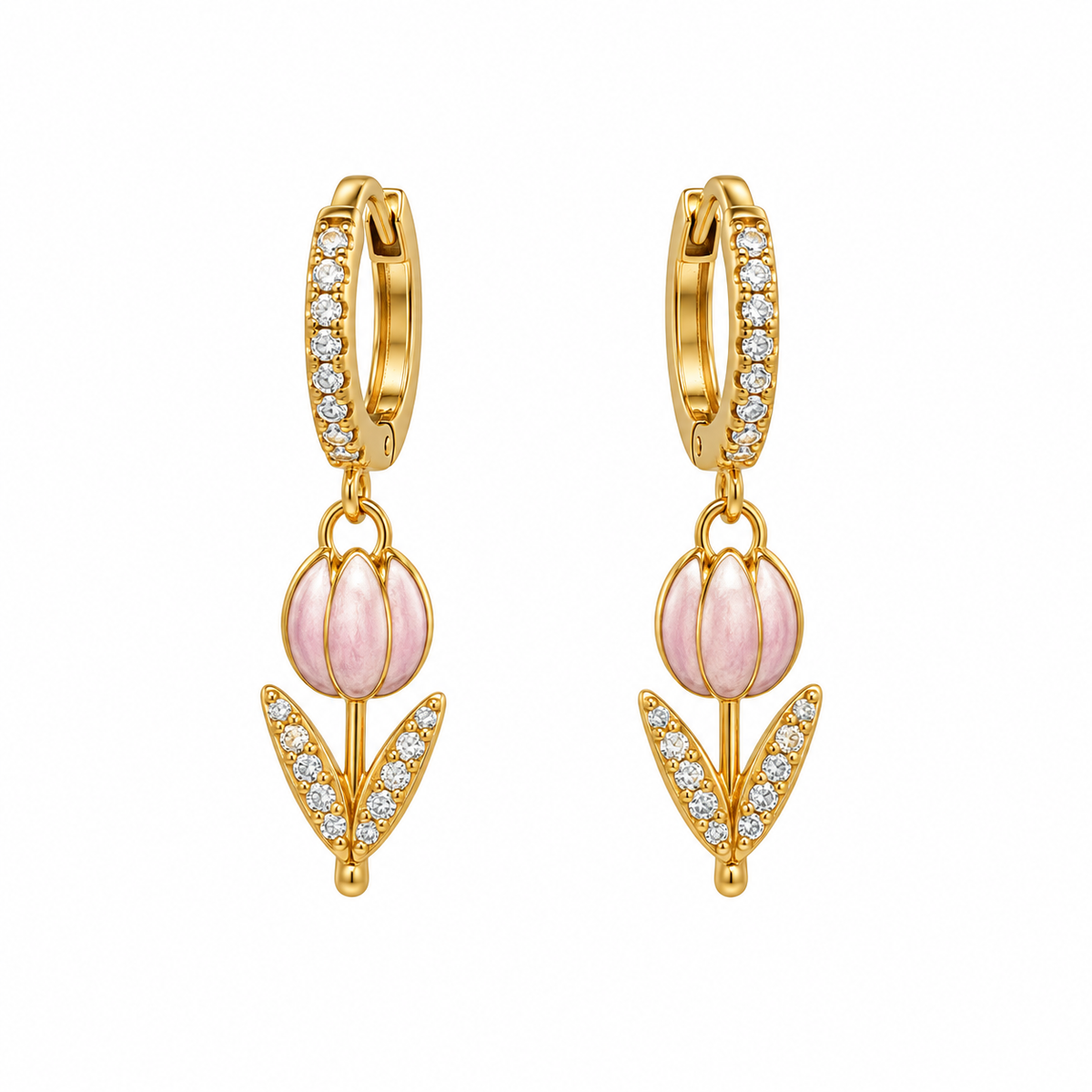 Orecchini Tulipano Rosa in Acciaio Dorato