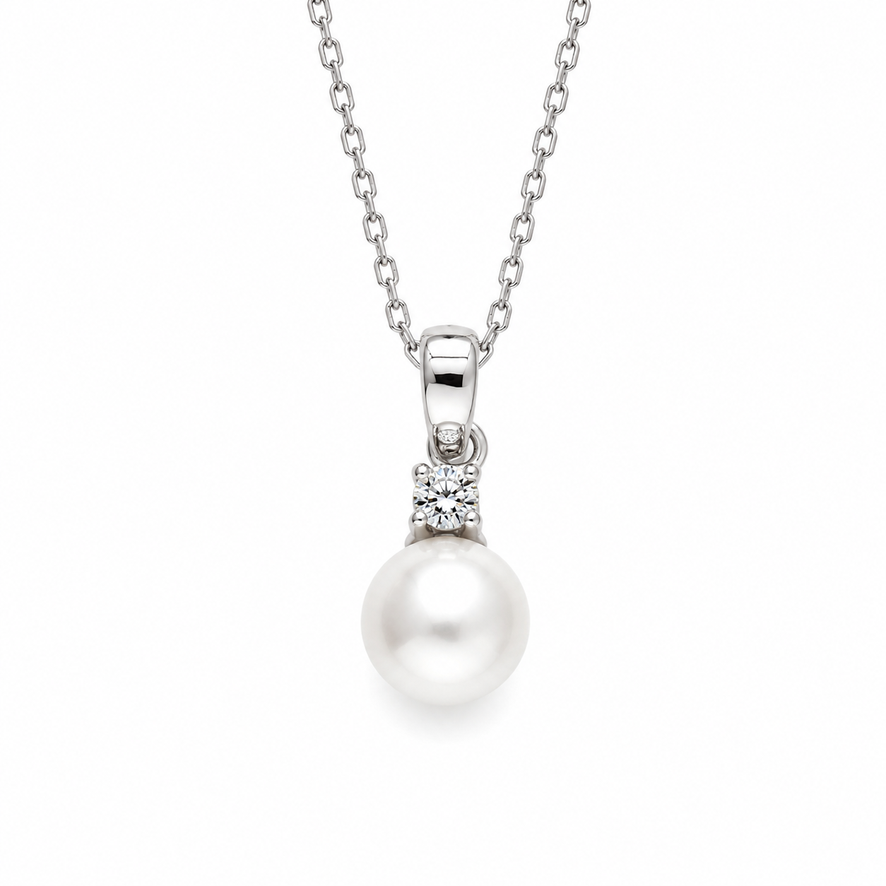 Collana in Oro Bianco con Pendente a Perla e Punto Luce Zircone