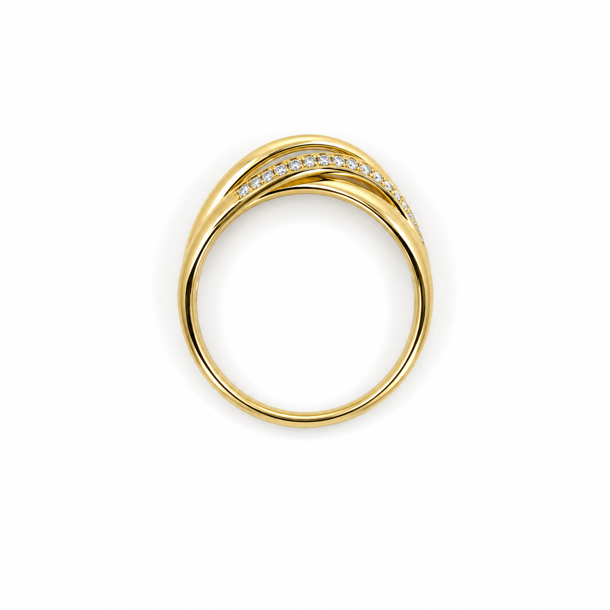 Anello Fascia Incrociata in Oro Giallo 9kt con Zirconi Bianchi
