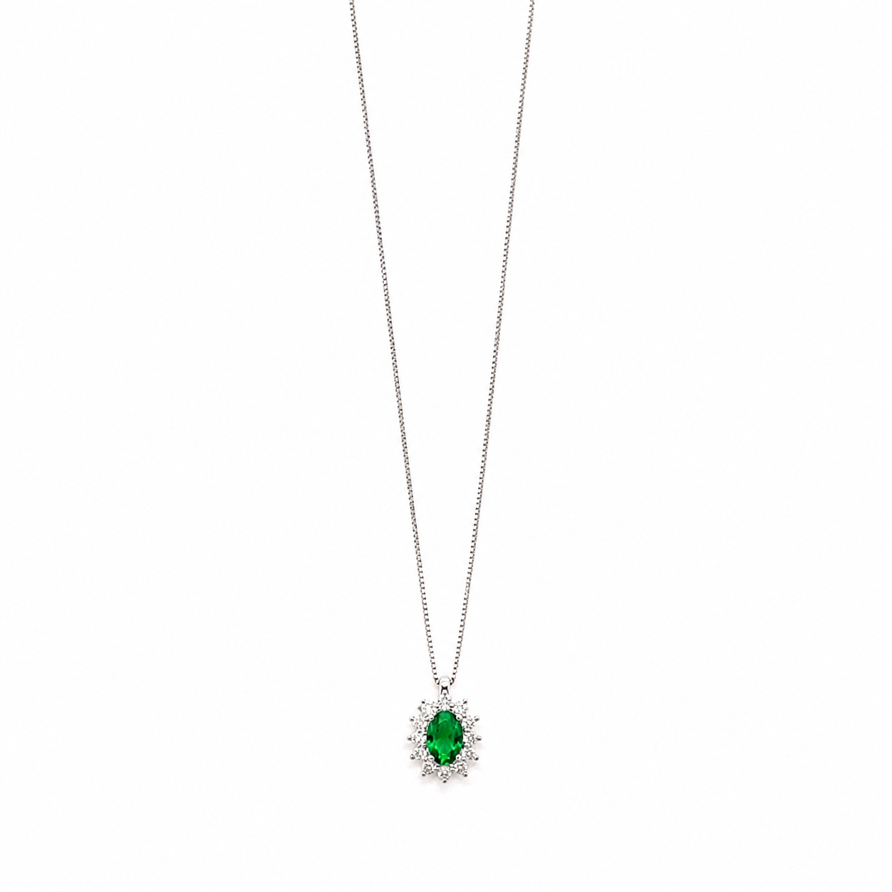 Collana in Oro Bianco 9K con Pietra Zircone Verde Ovale e Zirconi