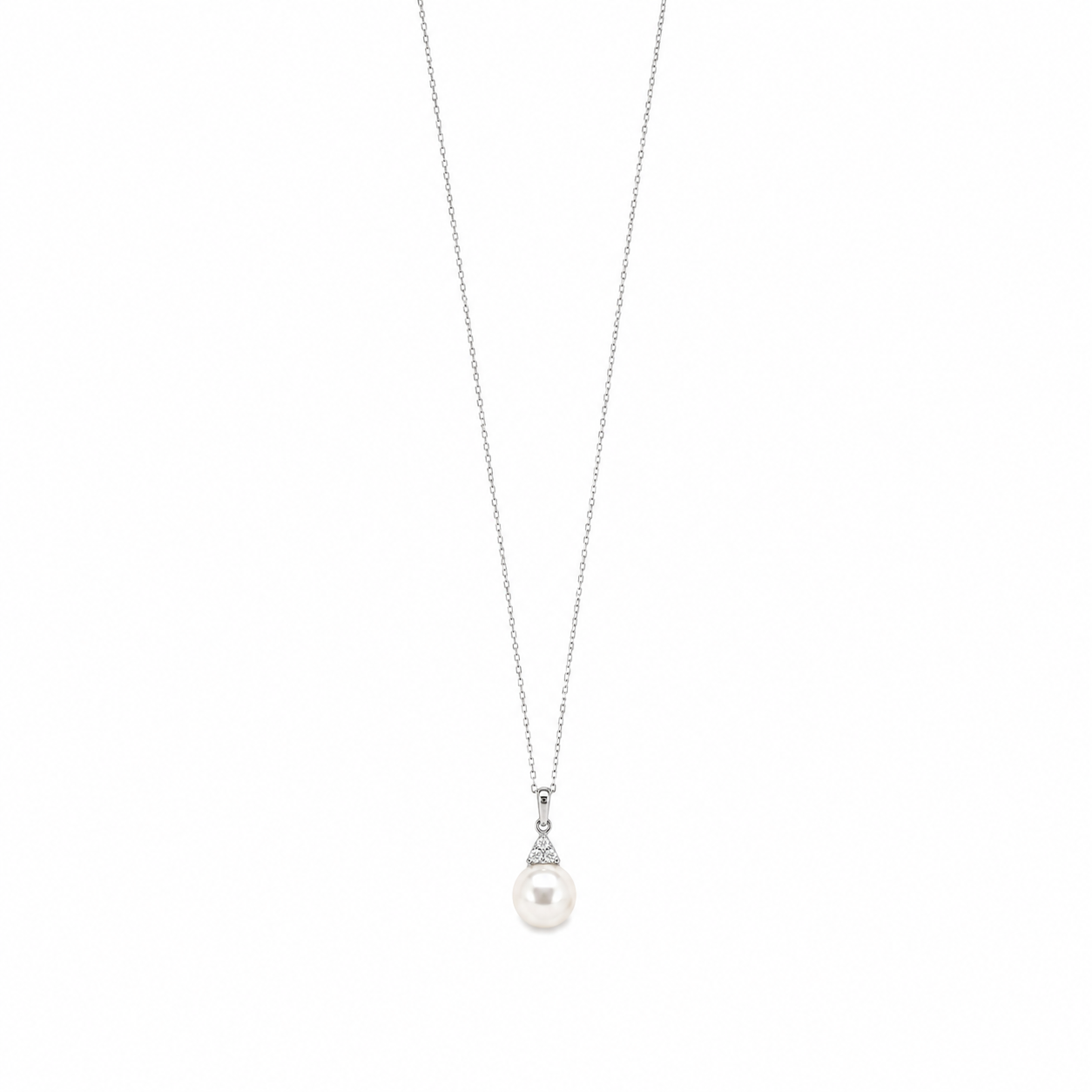 Collana in Oro Bianco con Pendente a Perla e Zirconi
