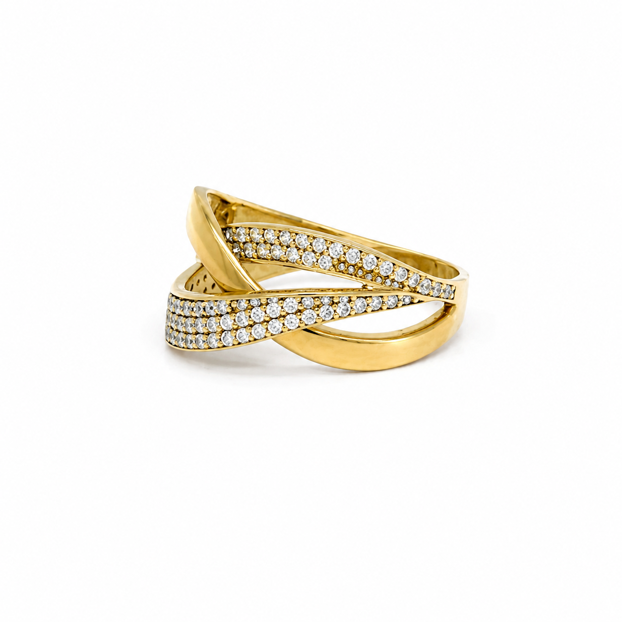 Anello Fascia Incrociata in Oro Giallo 9kt con Zirconi Bianchi