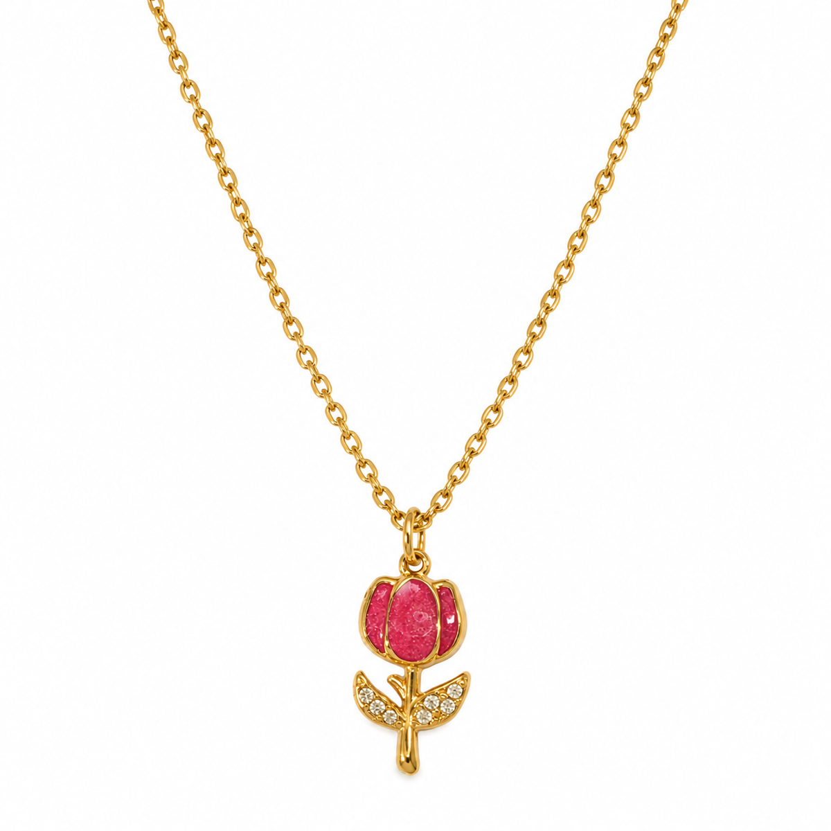 Collana in Acciaio Dorato con Ciondolo Tulipano Rosso e Zirconi