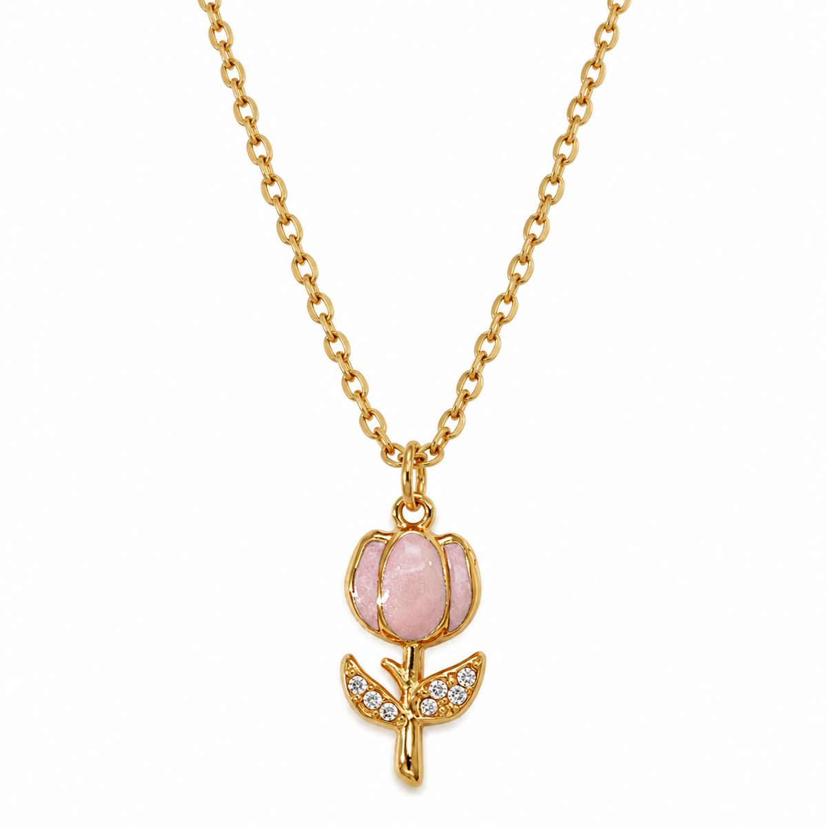 Collana in Acciaio Dorato con Tulipano Rosa Chiaro e Zirconi