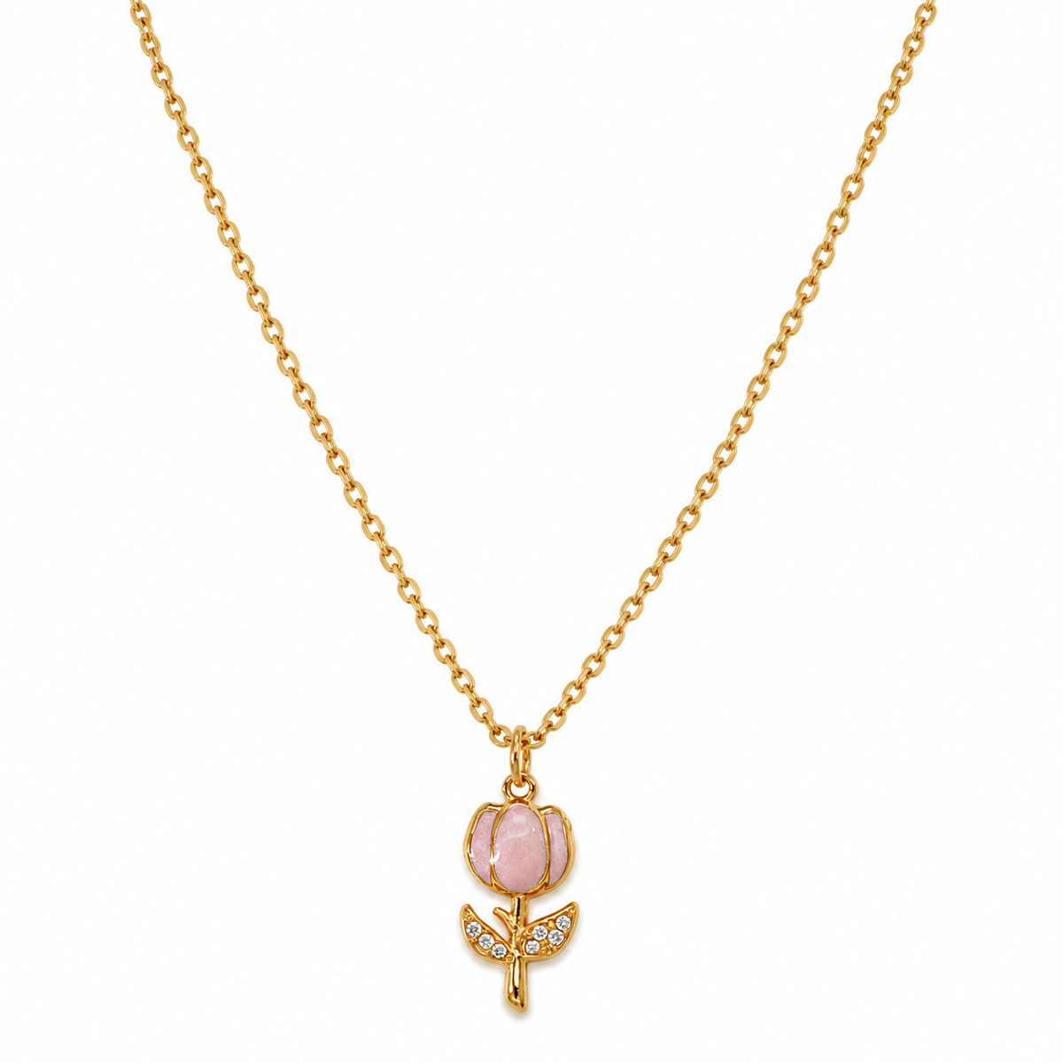 Collana in Acciaio Dorato con Tulipano Rosa Chiaro e Zirconi