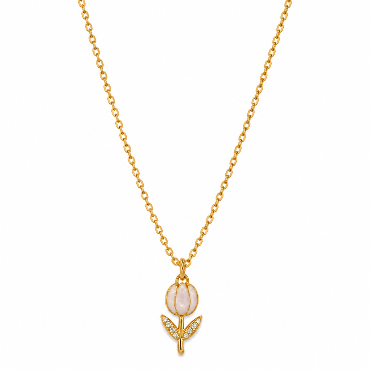 Collana in Acciaio Dorato con Tulipano Bianco e Zirconi