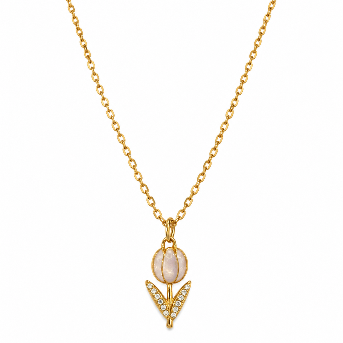 Collana in Acciaio Dorato con Tulipano Bianco e Zirconi