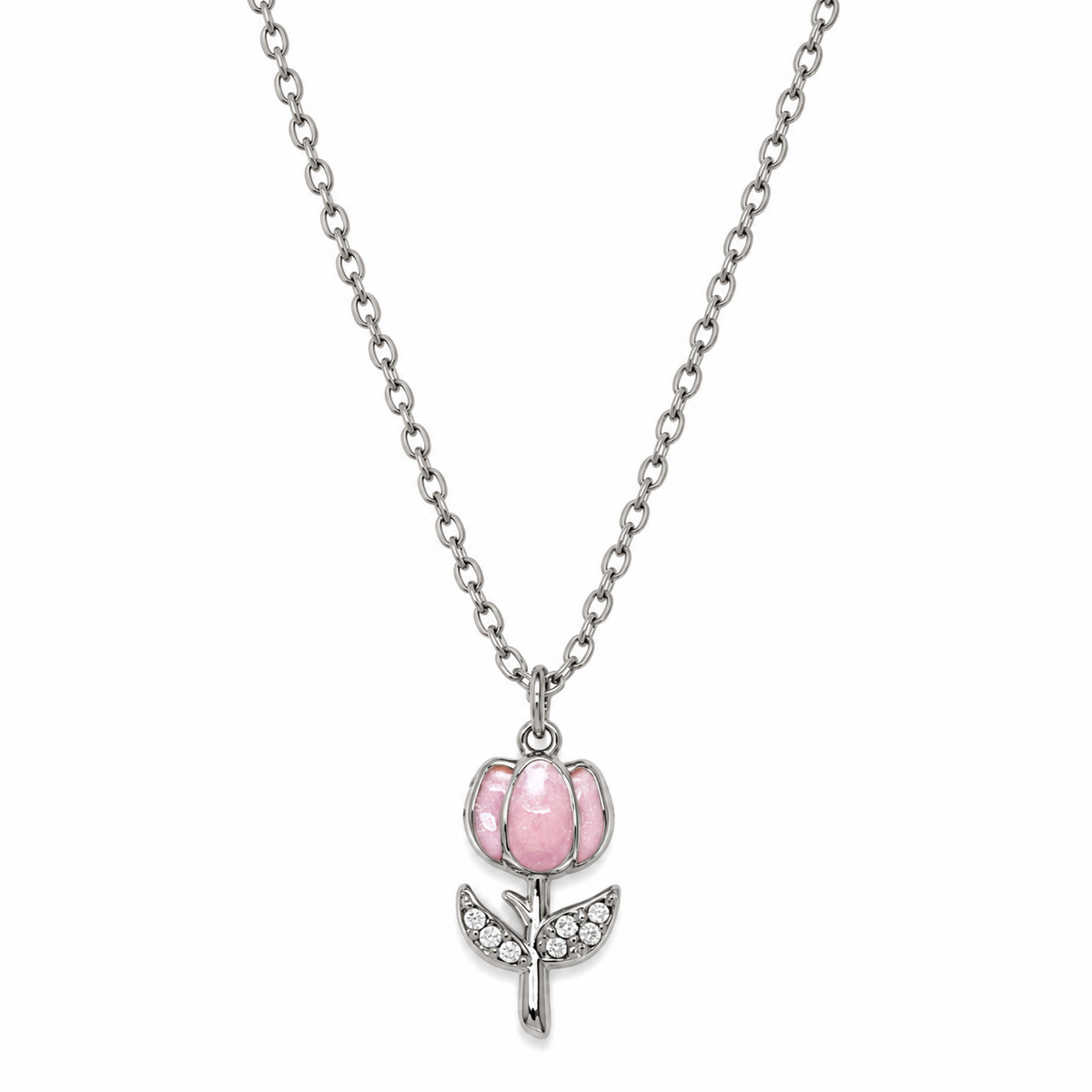 Collana in Acciaio Argentato con Tulipano Rosa e Zirconi