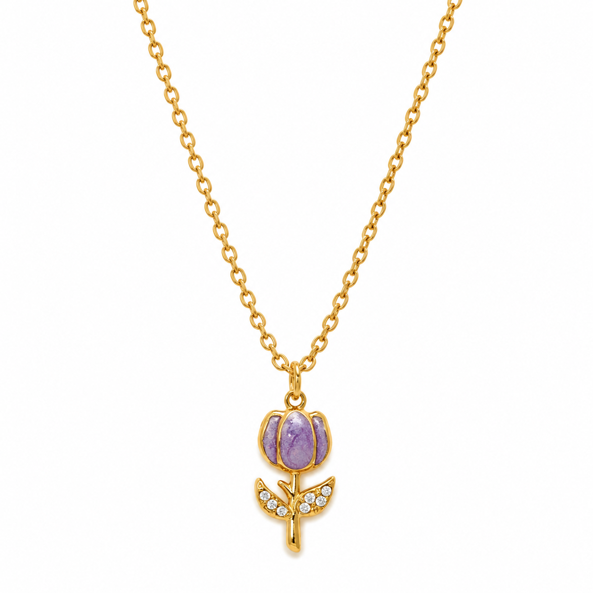 Collana in Acciaio Dorato con Tulipano Viola e Zirconi