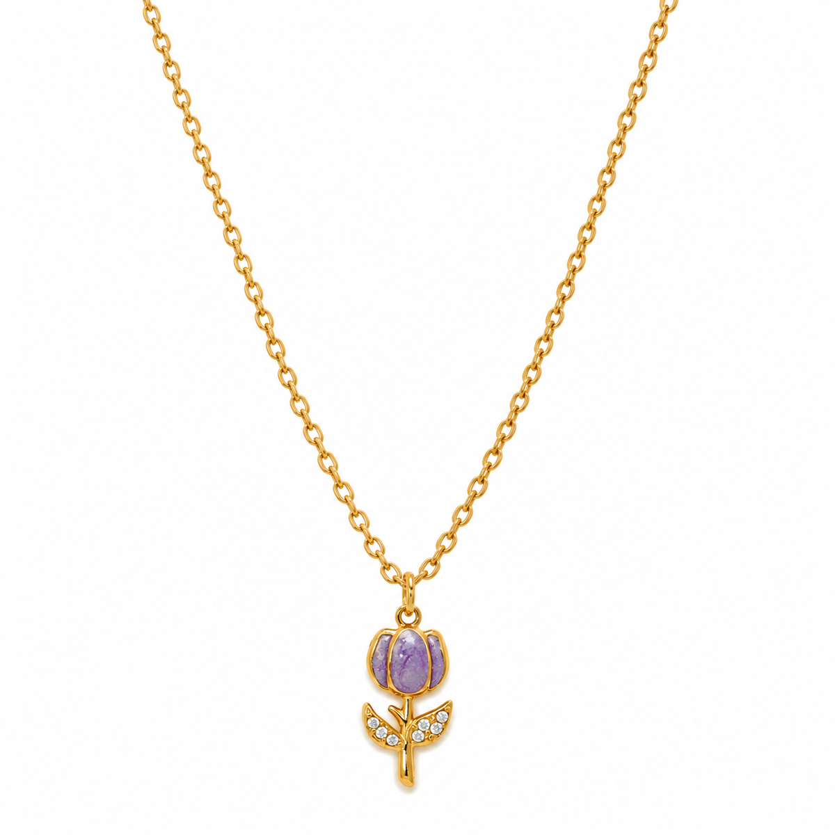 Collana in Acciaio Dorato con Tulipano Viola e Zirconi