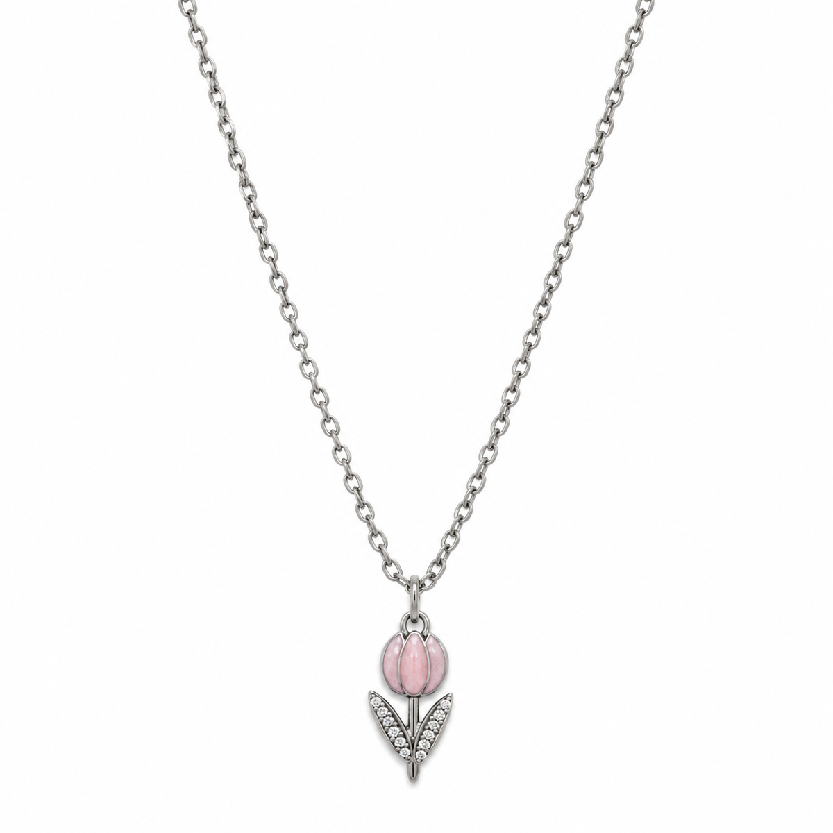 Collana in Acciaio Argentato con Tulipano Rosa e Zirconi