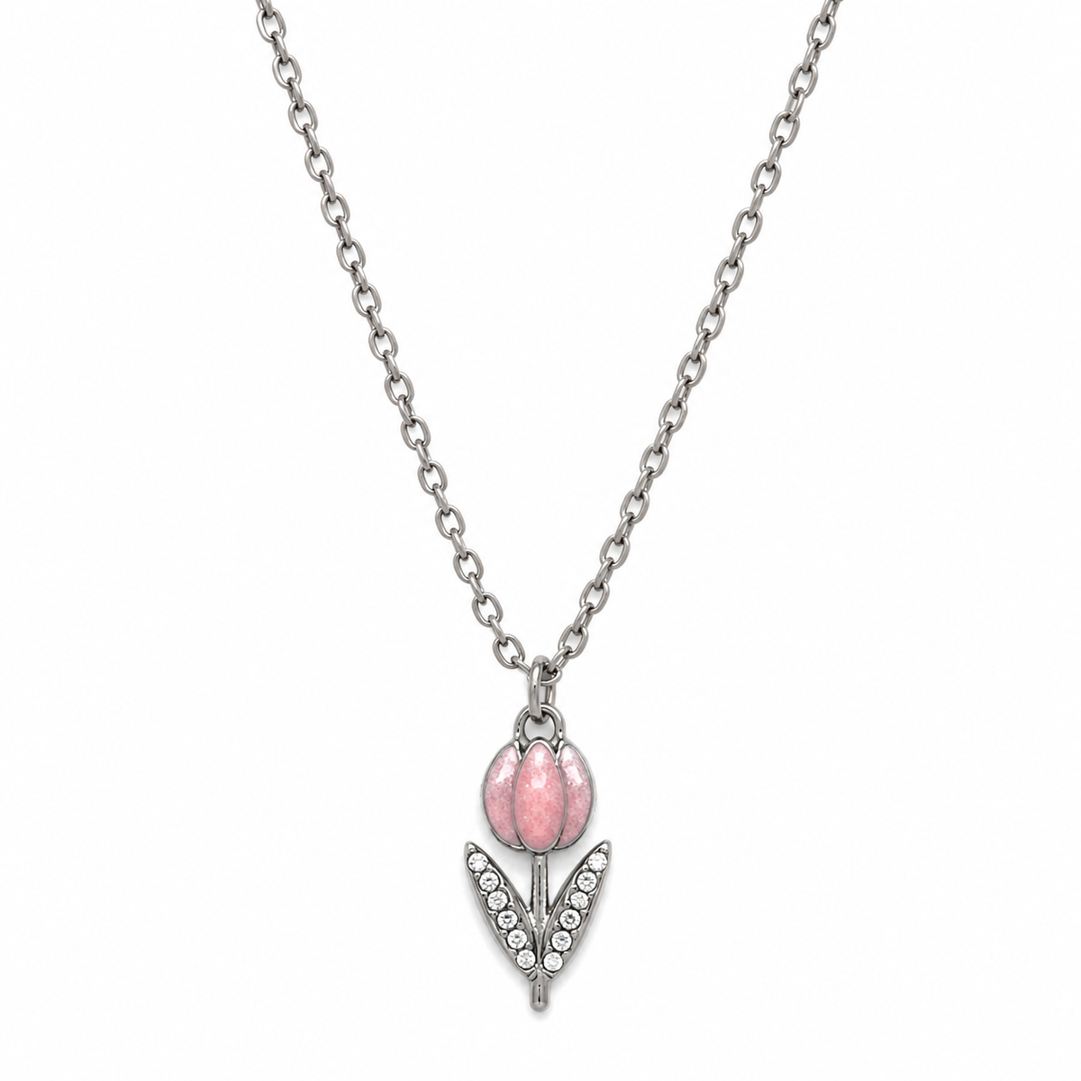 Collana in Acciaio Argentato con Tulipano Rosa e Zirconi
