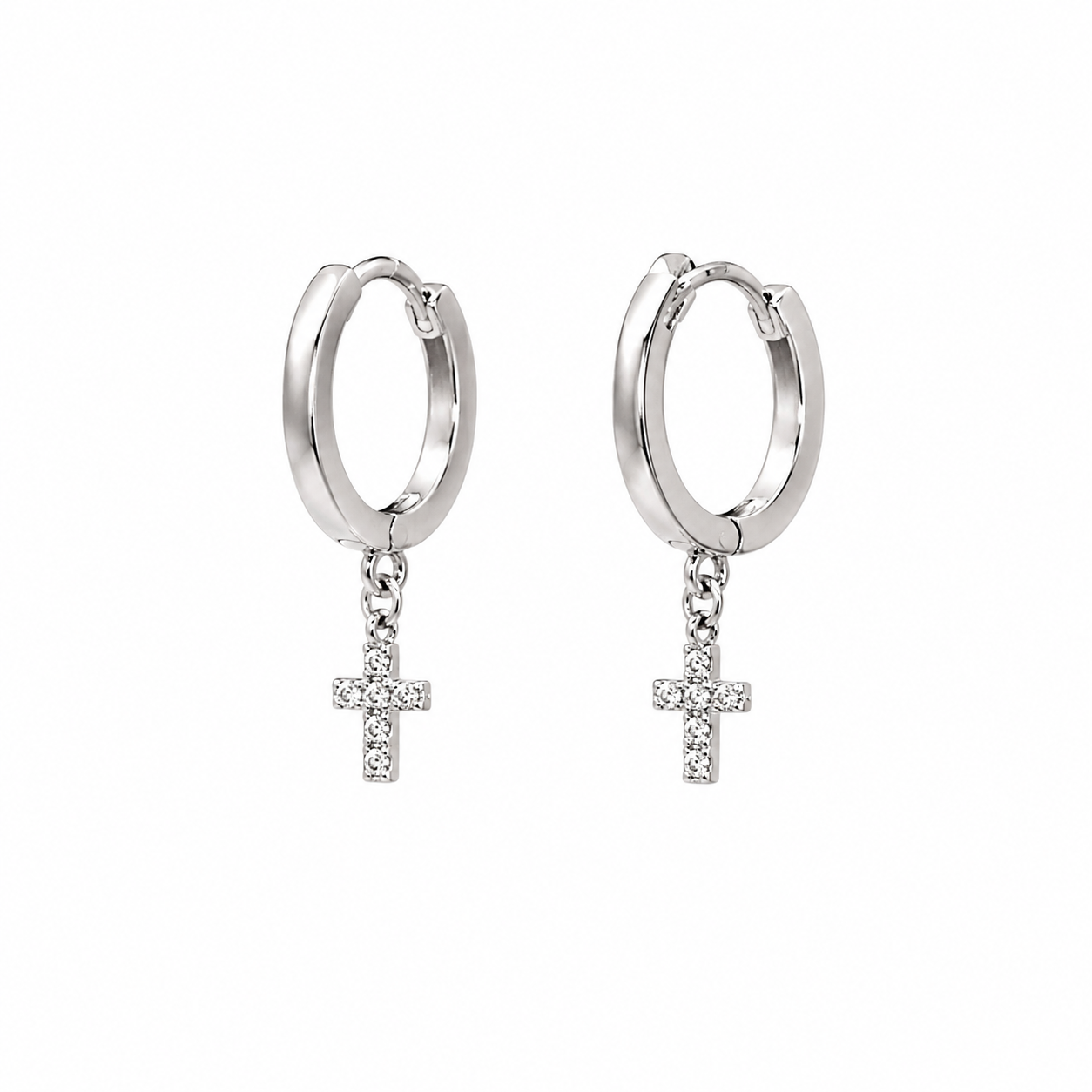 Orecchini Cerchio con Croce Pendete in Oro Bianco con Zirconi