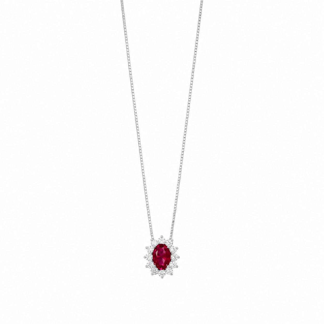 Collana in Oro Bianco 9K con Pietra Zircone Rosso Ovale e Zirconi