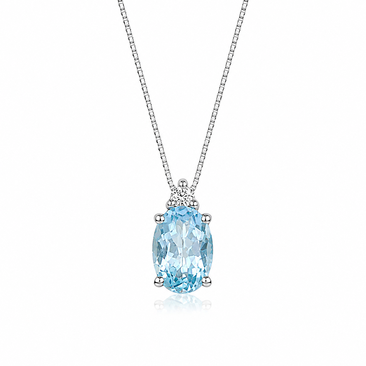 Collana in Oro Bianco 9K con Pietra Zircone Azzurra Ovale e Punto Luce Cubic Zirconia