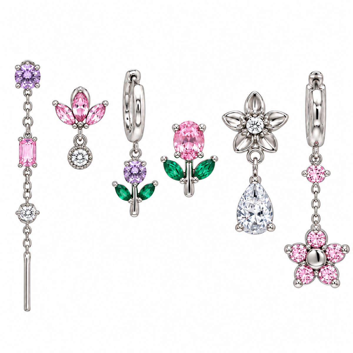 Set di Orecchini in Acciaio con Fiori e Pietre Colorate