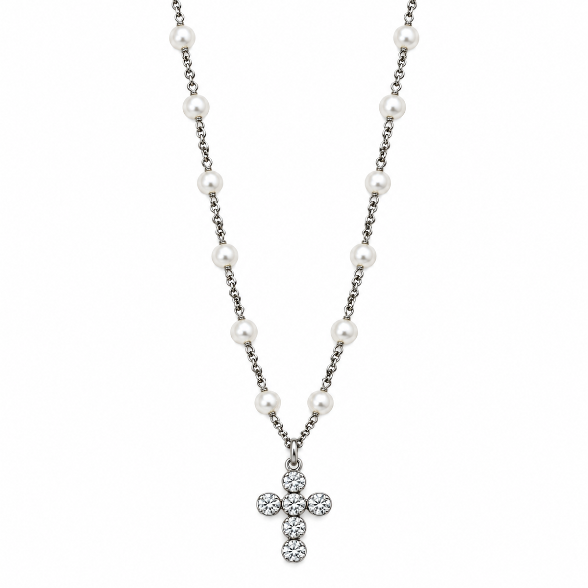 Collana in Argento con Perle e Croce di Zirconi