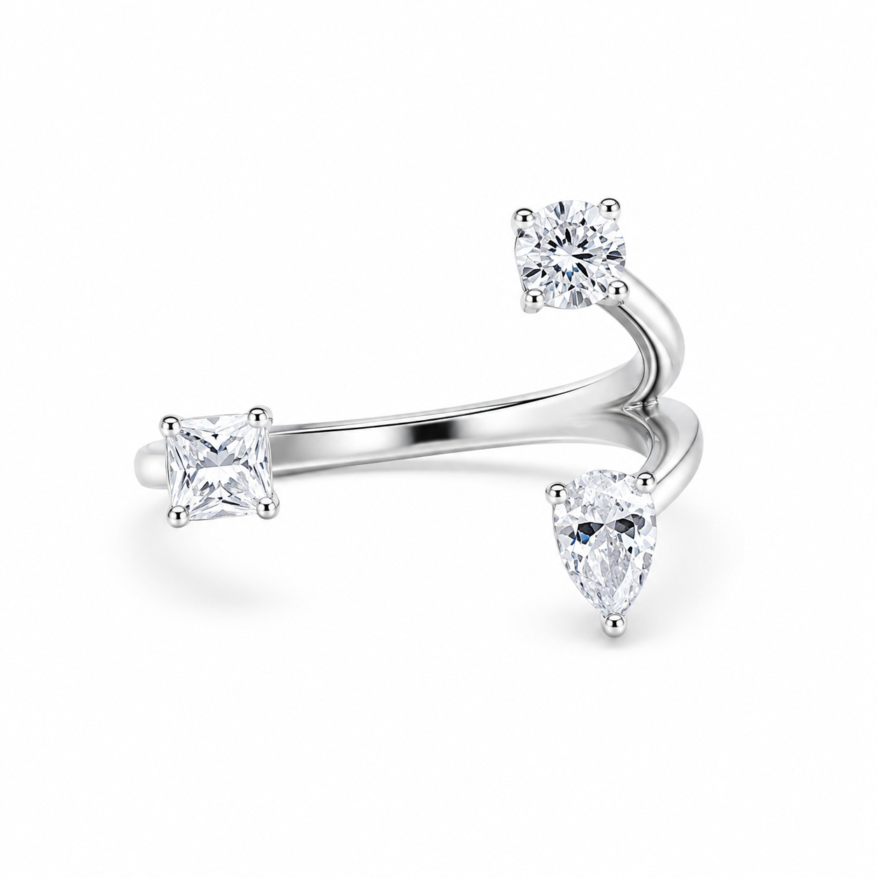 Anello Aperto Design Moderno in Argento 925 con Zirconi Multitaglio
