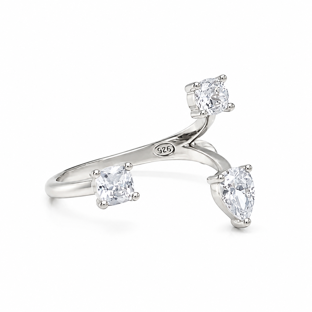 Anello Aperto Design Moderno in Argento 925 con Zirconi Multitaglio