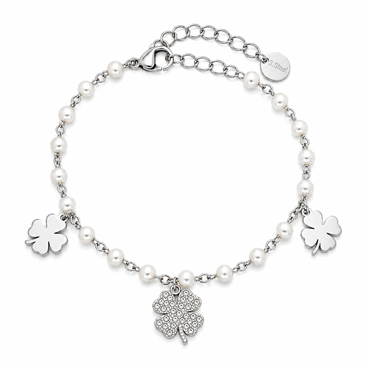 Bracciale in Acciaio Argentato con Perle e Quadrifogli
