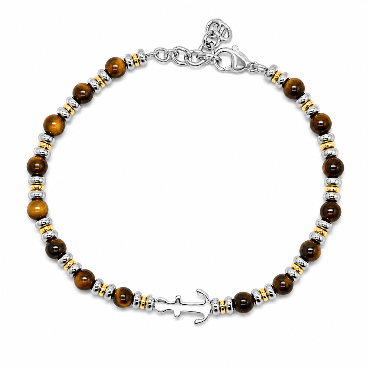 Bracciale Ancora con Pietre Occhio di Tigre in Acciaio