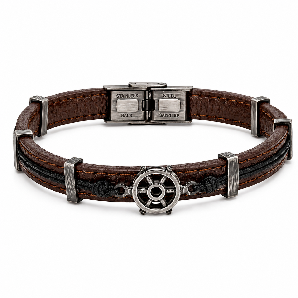 Bracciale Uomo in Pelle Marrone e Acciaio con Timone