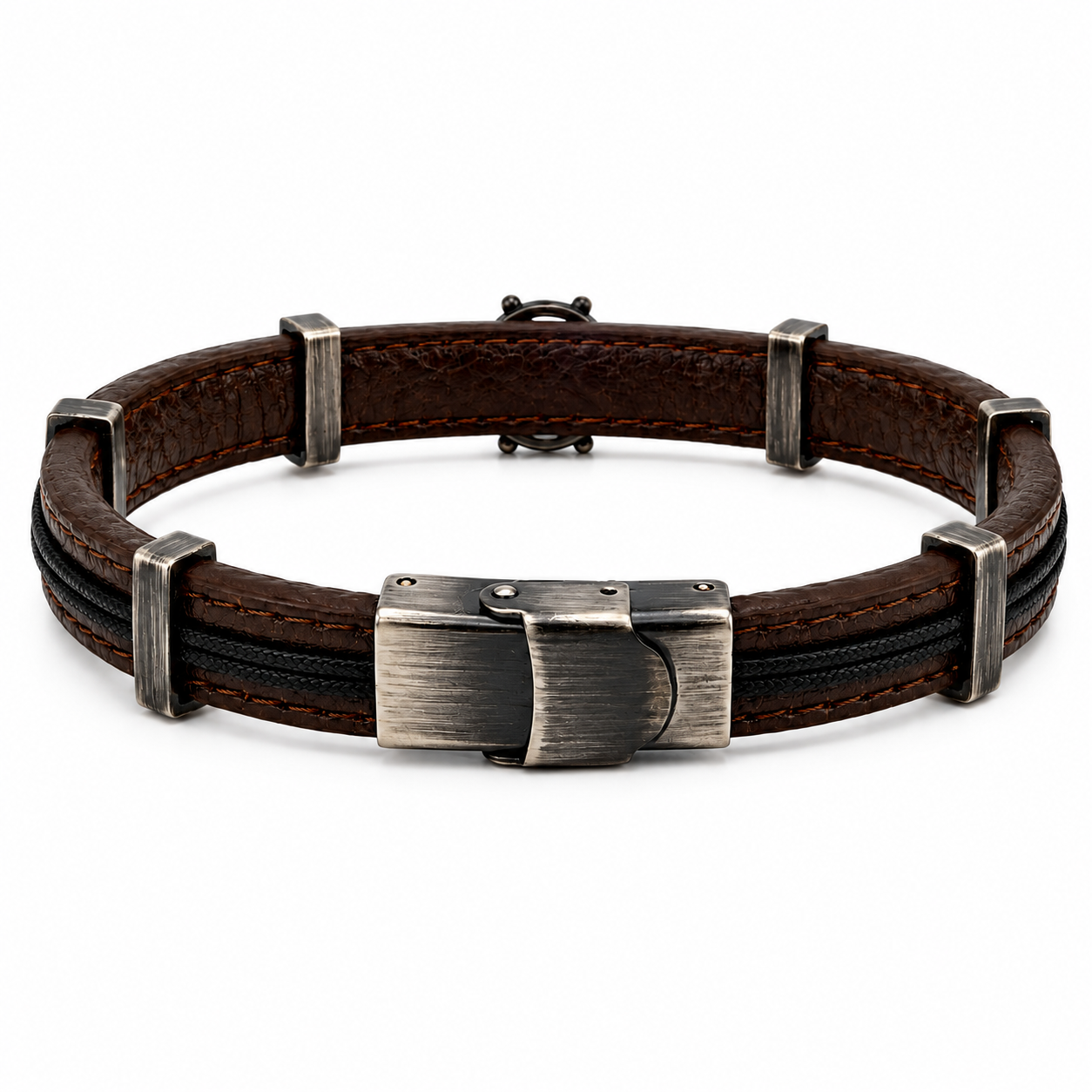 Bracciale Uomo in Pelle Marrone e Acciaio con Timone