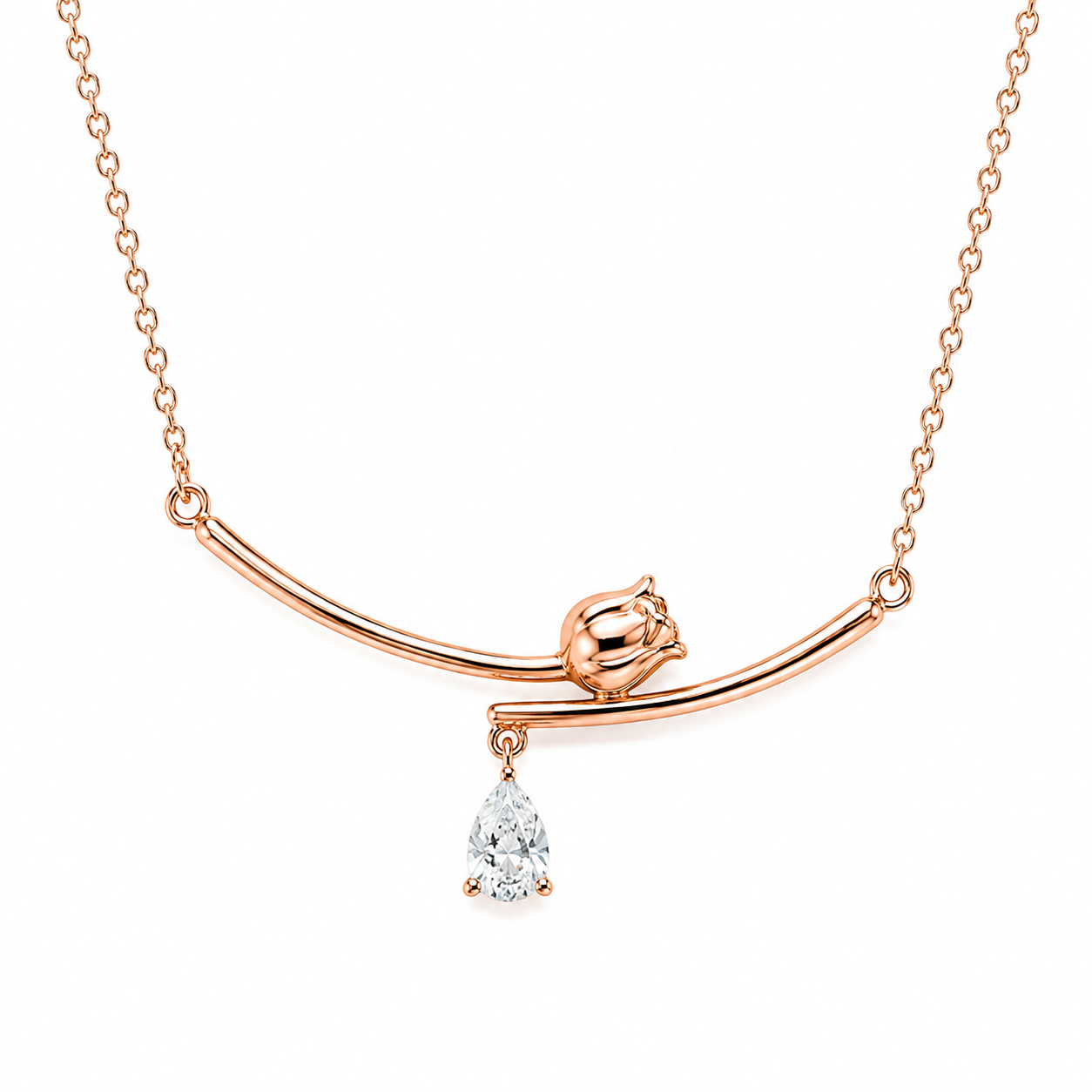 Collana in Acciaio Rosé con Rosa e Cristallo a Goccia