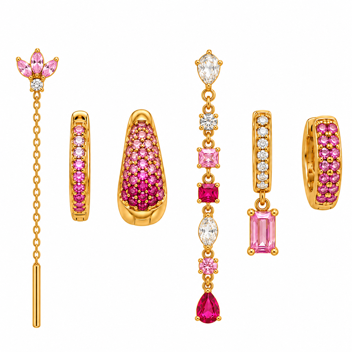 Set di Orecchini in Acciaio con Pietre Rosa e Bianche