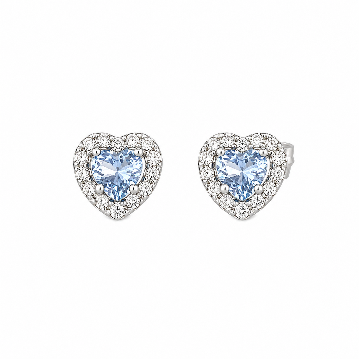 Orecchini Cuore in Oro Bianco con Cristalli Azzurri e Bianchi