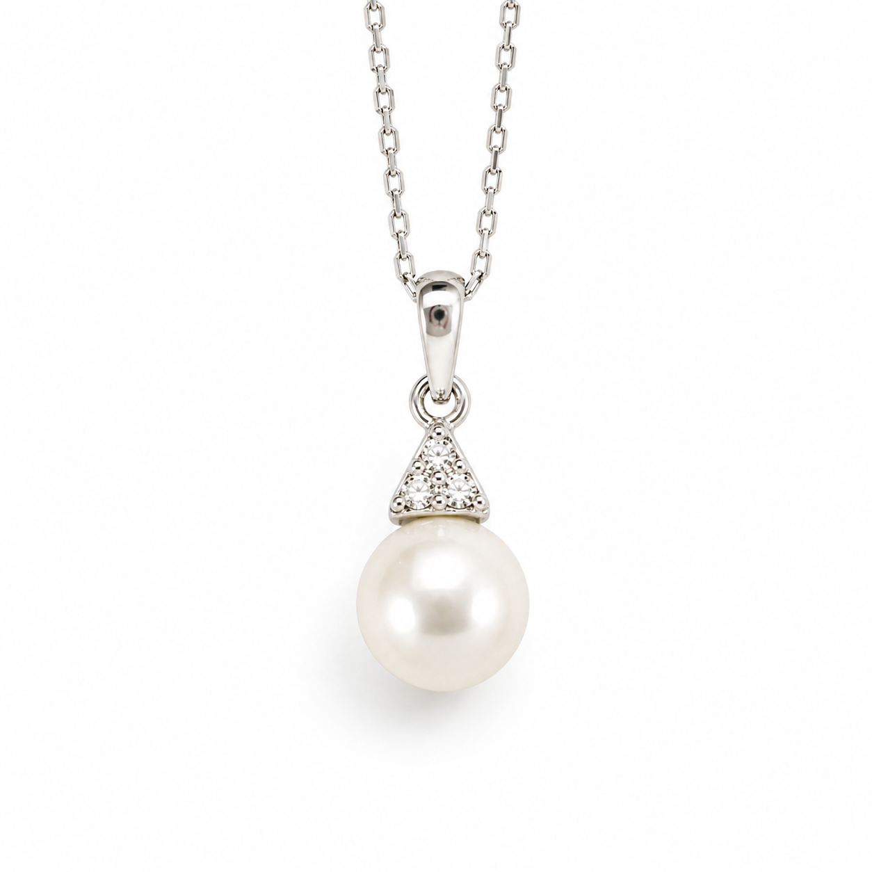 Collana in Oro Bianco con Pendente a Perla e Zirconi