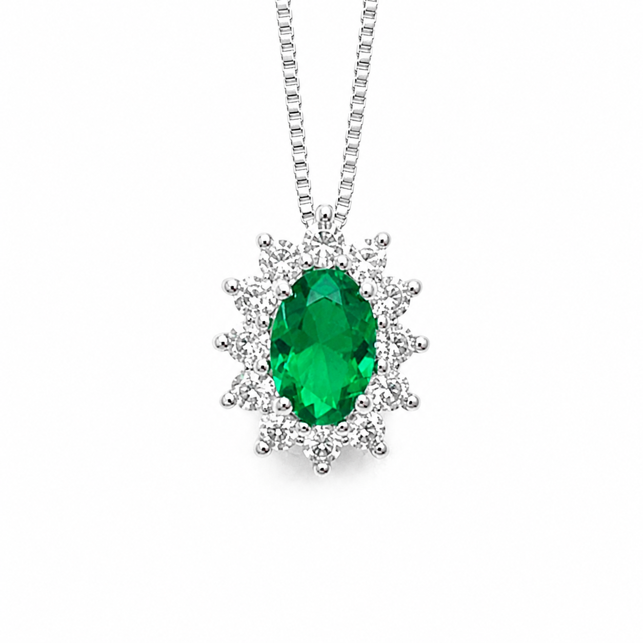 Collana in Oro Bianco 9K con Pietra Zircone Verde Ovale e Zirconi
