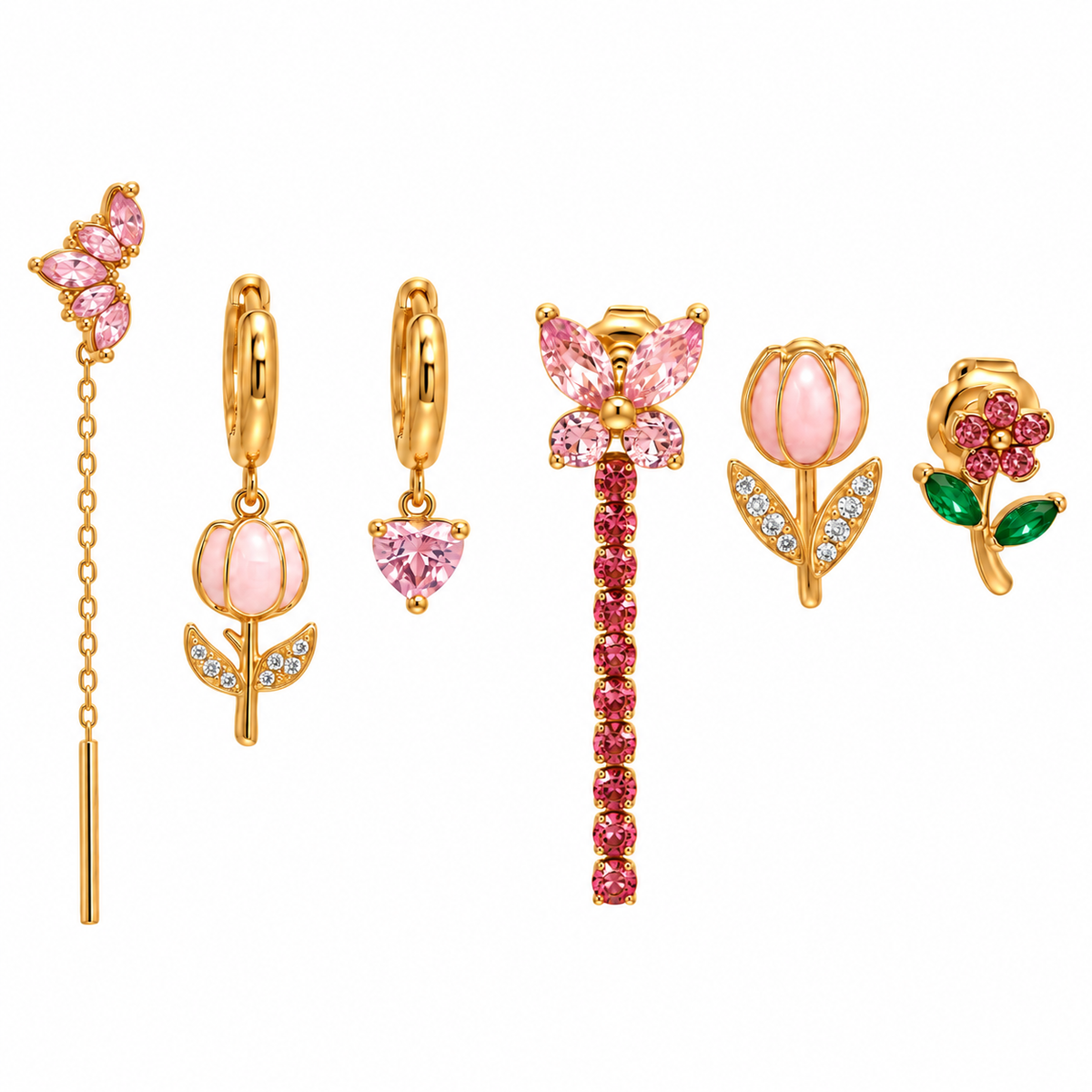Set di Orecchini in Acciaio con Fiori e Pietre Rosa