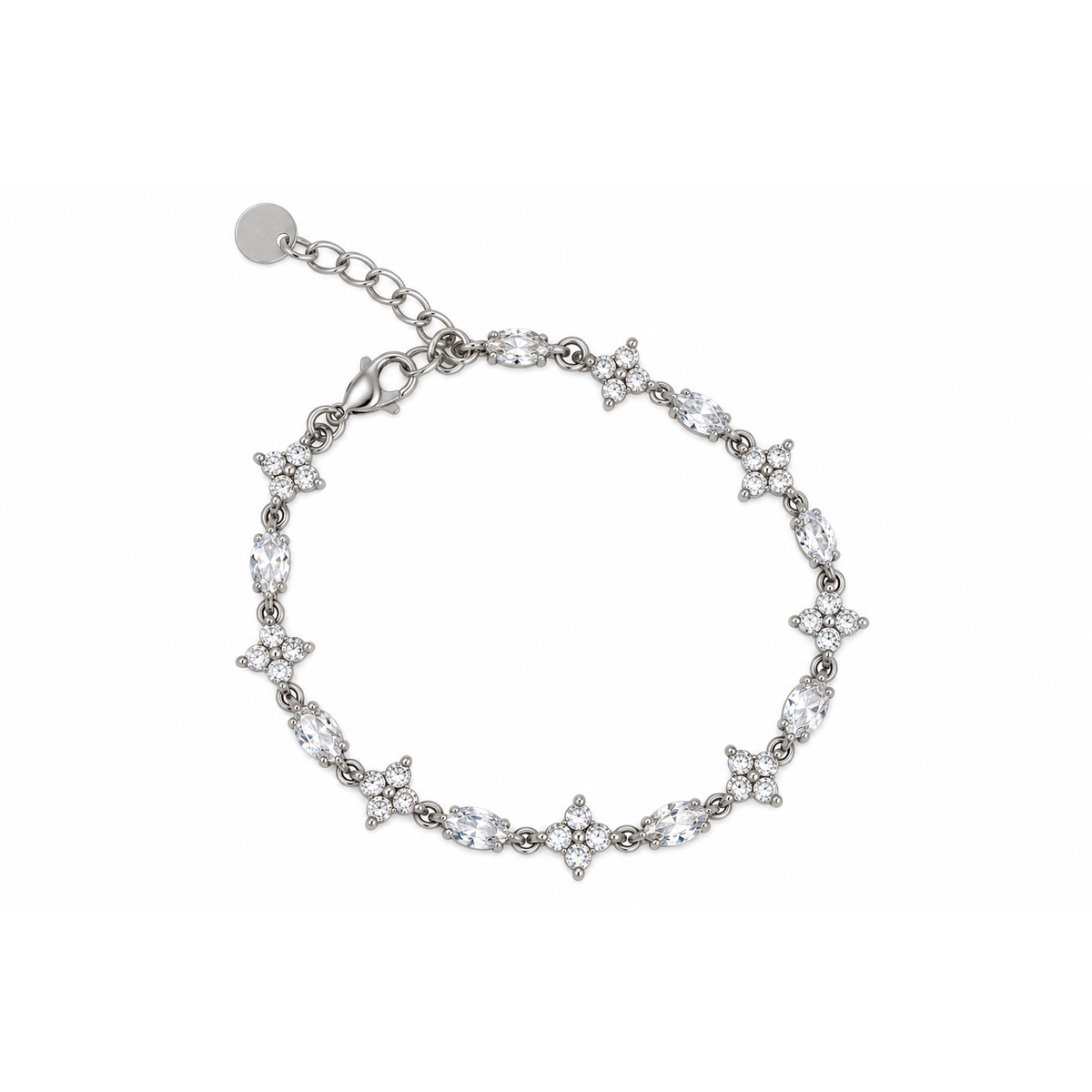 Bracciale in Acciaio Argentato con Zirconi Bianchi e Fiori